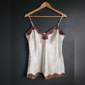 Y2k Babydoll Lace Trim Tank Cami Polyester Cream Sz L No boundaries Fairy Grunge